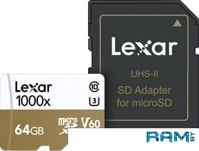 Карта памяти Lexar LSDMI64GCBEU1000R microSDXC 64GB + адаптер